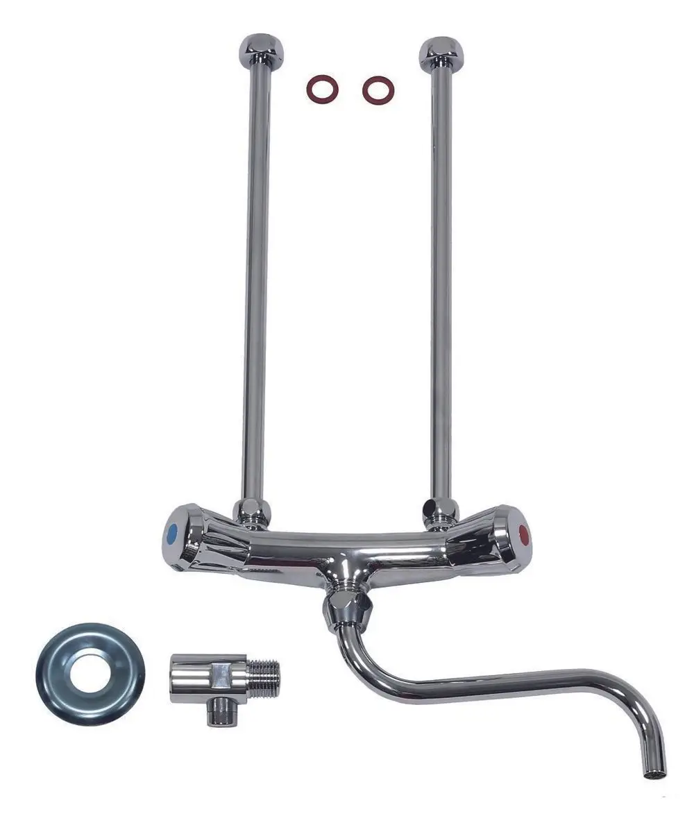 VNO 2 für Waschtisch und Spüle von Vaillant. Das Set umfasst eine verchromte Armatur mit zwei Ausläufen, Unterteilen und Dichtungsringen.
